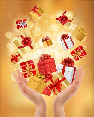 hands and gift boxes background vector