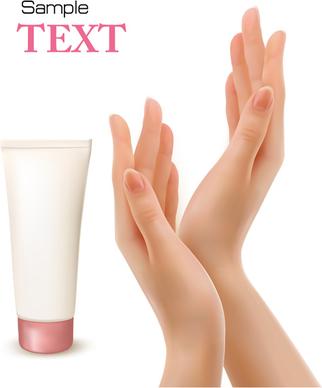 hands with cosmetic creative vector background