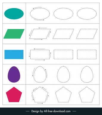 handwriting practice sheet kids template flat geometrical shapes outline