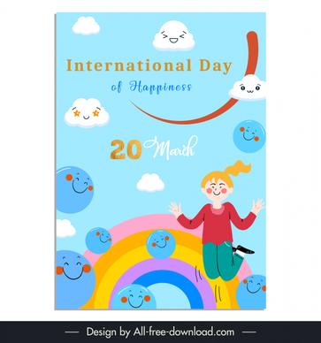 happiness day poster template dynamic girl rainbow face emoticon