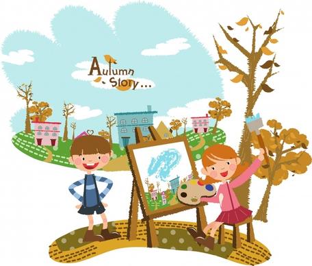 childhood painting joyful kids autumn scene cartoon design