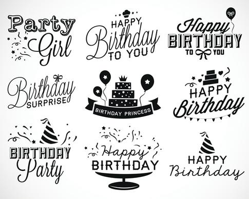 happy birthday black logos vector set