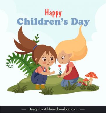 happy children day banner cute girls nature environment sketch cartoon design 
