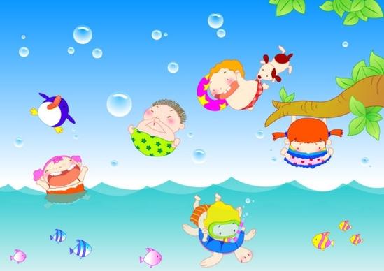 happy children swimming vector