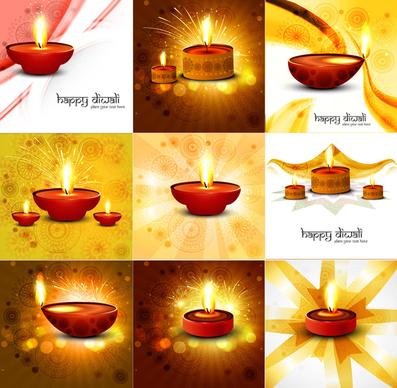 happy diwali beautiful 9 collection presentation colorful hindu festival background illustration vector