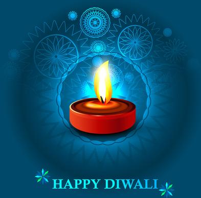 happy diwali diya celebration blue colorful background vector