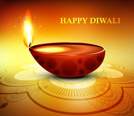 happy diwali diya greeting card shiny colorful background vector