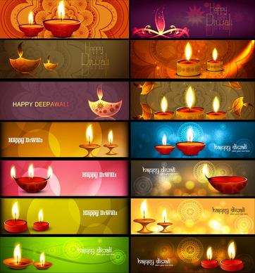 happy diwali stylish bright colorful collection headers set of vector
