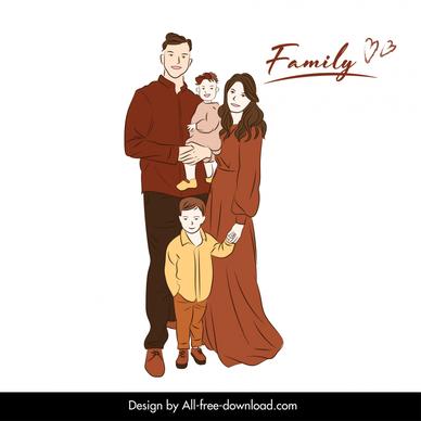 happy family design elements handdrawn cartoon line art outline 