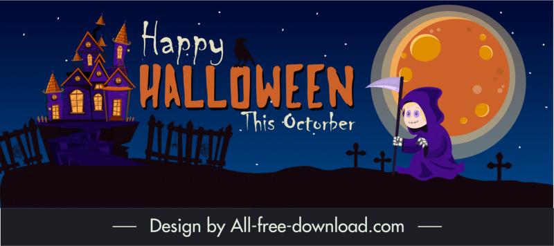 happy halloween banner template dark classical castle death moon cemetery sketch