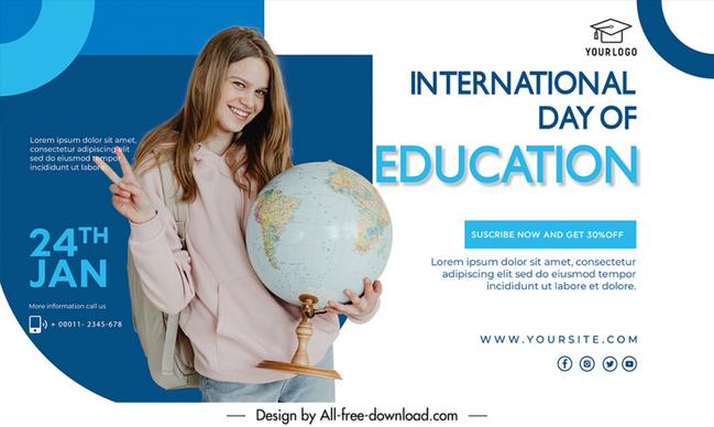 happy international  education day banner  template dynamic cute posing girl globe sketch realistic design 