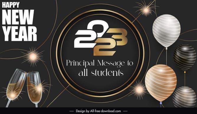 happy new year 2023 poster template elegant luxury balloons wineglass fireworks decor