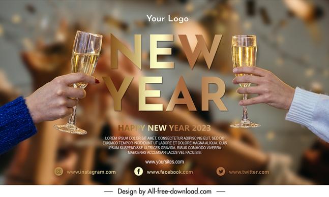 happy new year banner template modern realistic hand holding champagne glasses sketch