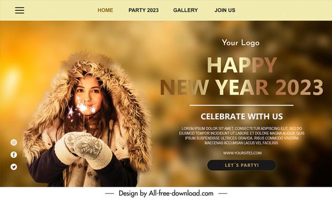 happy new year landing page template lady firework sketch realistic modern elegant blurred design 