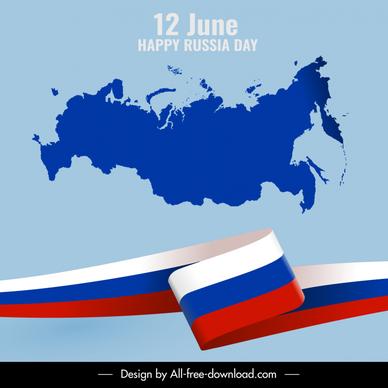 happy russia day banner flat map 3d flag ribbon decor