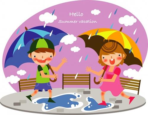 childhood background rainy theme colored cartoon sketch