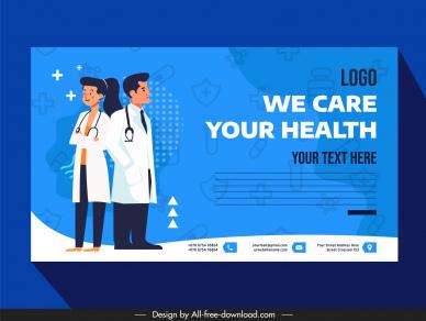 healthcare banner template cartoon doctors blurred medical elements