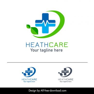 healthcare pharmacy medicine logo template dynamic modern elegant design curve cross leaves cardiogram sketch