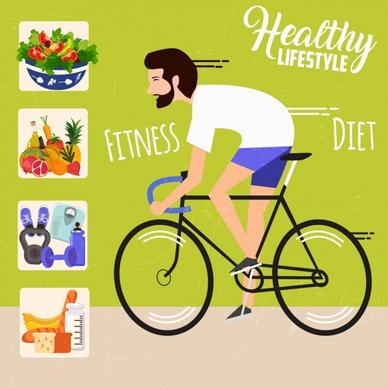 healthy life banner cyclist fresh food dumbbel icons