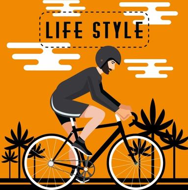 healthy lifestyle banner man riding bicycle colored cartoon