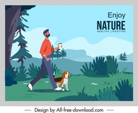 healthy lifestyle banner walking man nature scenery sketch