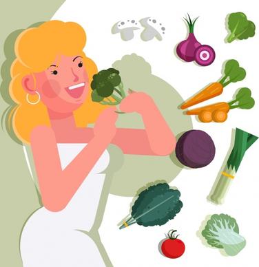 healthy lifestyle banner young woman vegetables icons decor