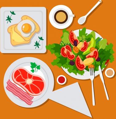 healthy meal background vegetables eggs bacon icons