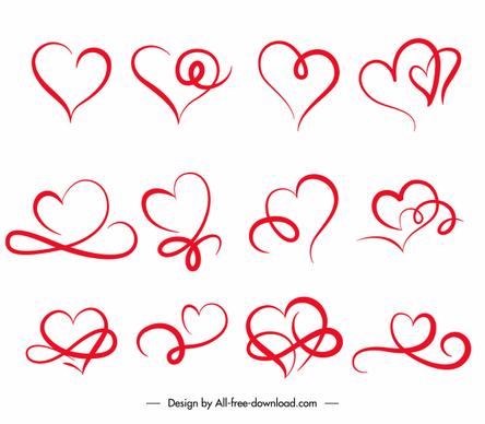 heart icons collection handdrawn curves sketch