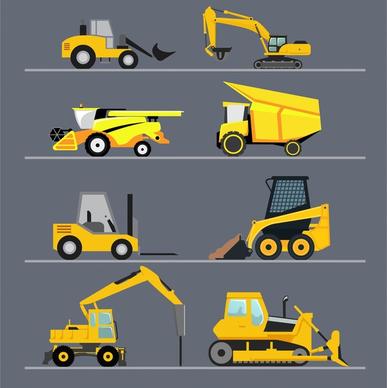 heavy construction machines icons isolated with yellow color
