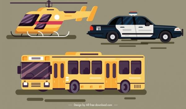 helicopter car bus vehicles icons colored modern sketch