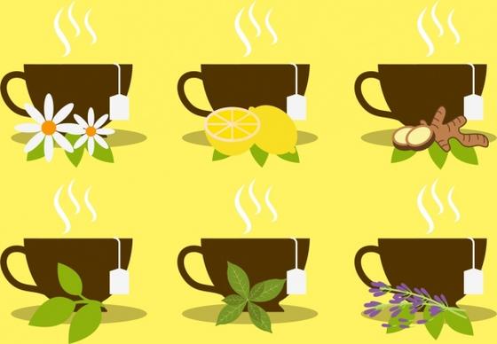 herbal tea advertising cups fruits flowers leaf icons