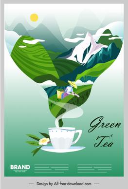 herbal tea advertising poster cup mountain scene sketch