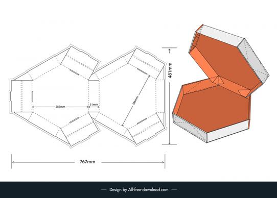 hexagonal self assembly packaging template flat die cut 3d box outline