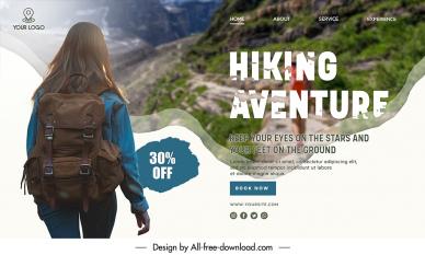 hiking landing page template backbag woman mountain scene