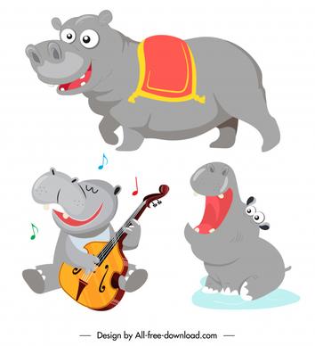 hippo icons cute cartoon sketch stylized design