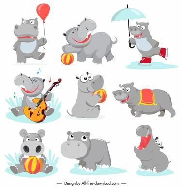 hippo icons cute stylized cartoon characters sketch