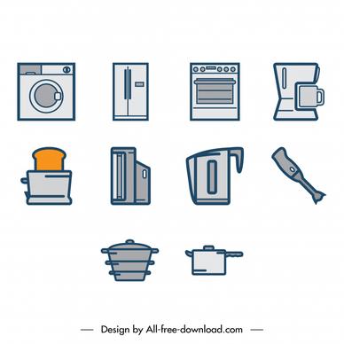 home appliances icons sets flat classic sketch
