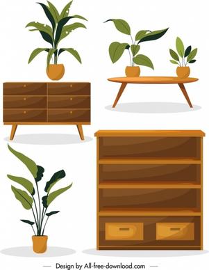 home furniture design elements shelf table pots icons