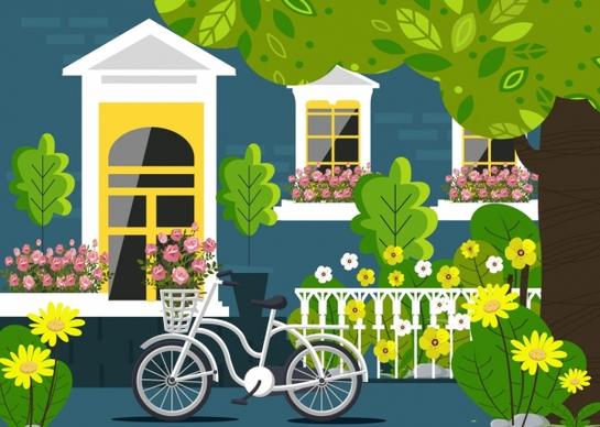 home painting exterior garden bicycle icons colorful decor