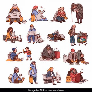 homeless people design elements collection cartoon design 