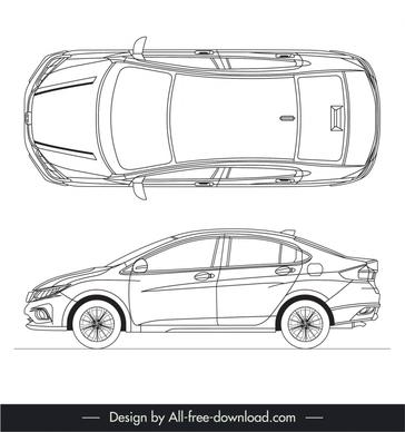 honda city 2017 car model icons flat handdrawn top view side view outline  