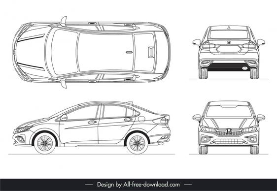 honda city 2017 car models icons different views sketch black white flat handdrawn outline 