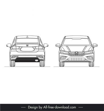 honda city 2017 car models icons flat black white front view rear view outline handdrawn design 