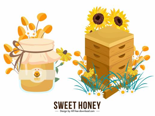 honey design elements colorful jar flowers honeycomb sketch