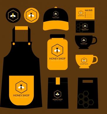 honey shop identity sets black yellow bee icon