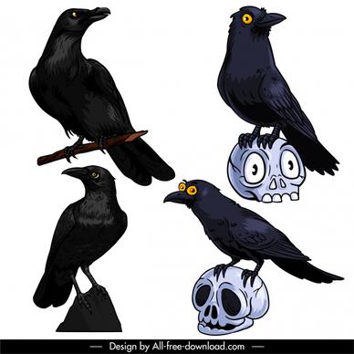 horrible elements icons crow skull sketch