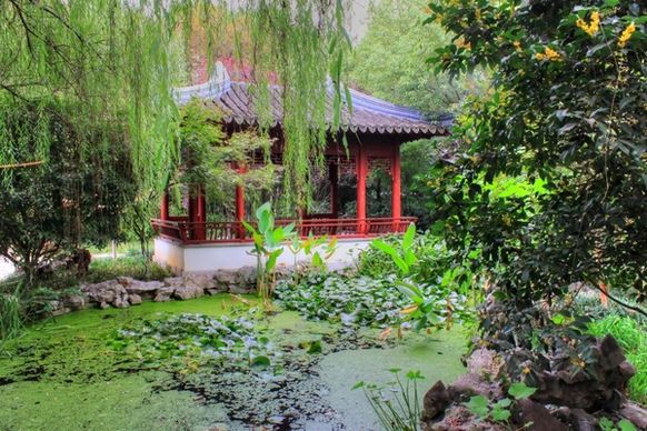 house and pond in garden in nanjing china