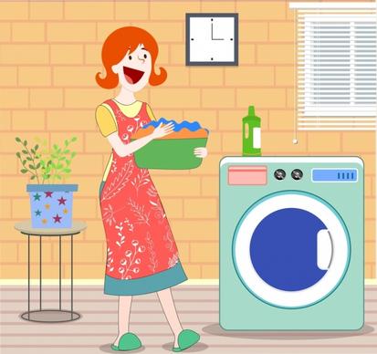 housewife work drawing woman washing machine icons