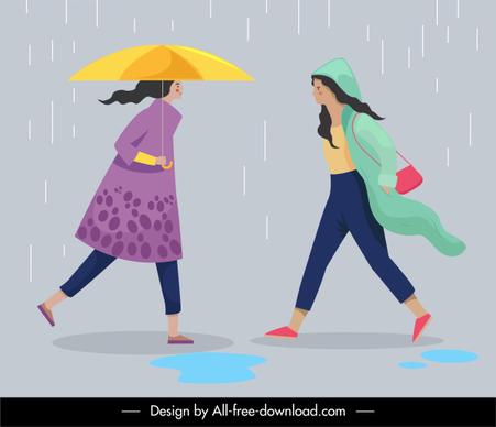 human activities icons rainy sketch cartoon characters design