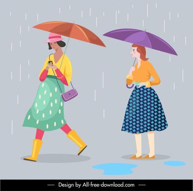 human icons rain season lifestyle sketch cartoon characters